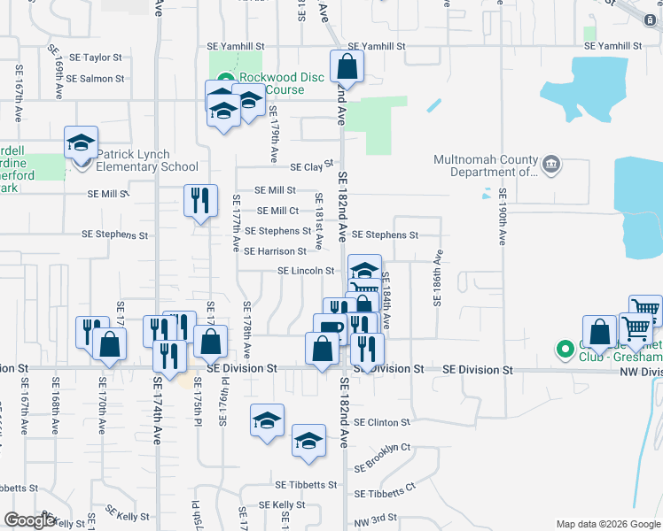 map of restaurants, bars, coffee shops, grocery stores, and more near 18135 Southeast Lincoln Street in Portland