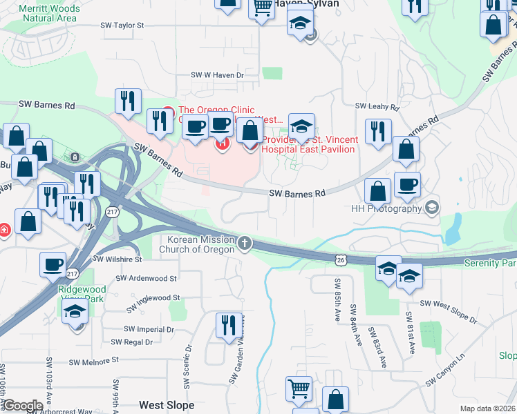 map of restaurants, bars, coffee shops, grocery stores, and more near 8920 Southwest Barnes Road in Portland