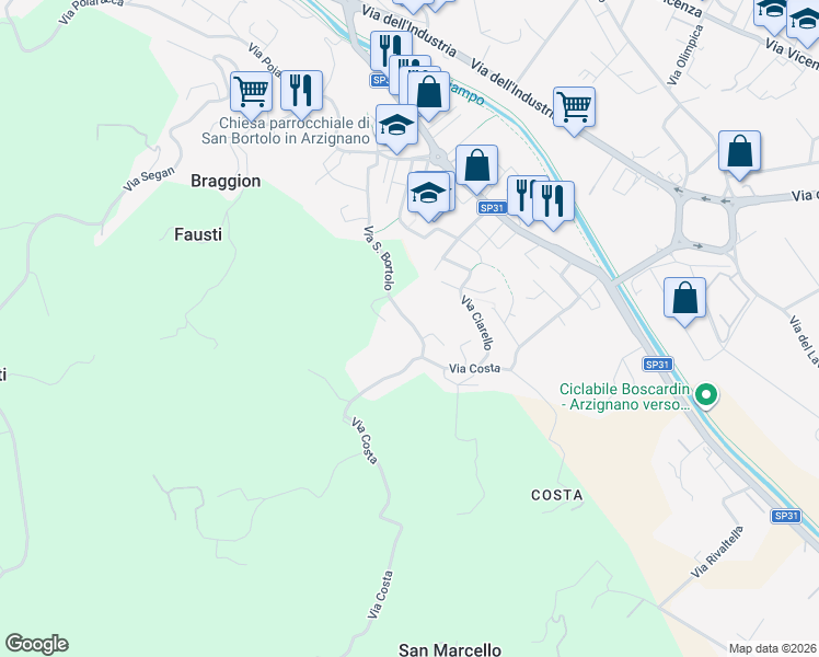 map of restaurants, bars, coffee shops, grocery stores, and more near 40 Via San Bortolo in Arzignano