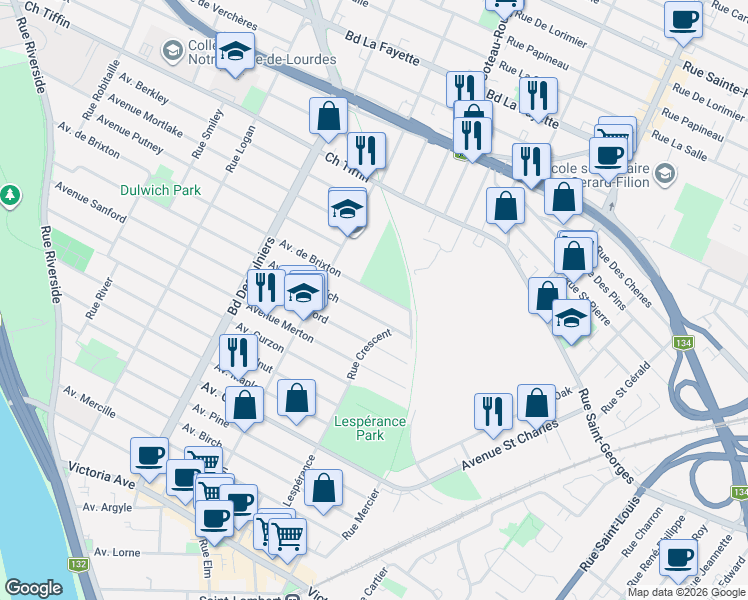 map of restaurants, bars, coffee shops, grocery stores, and more near 559 Avenue de Brixton in Saint-Lambert