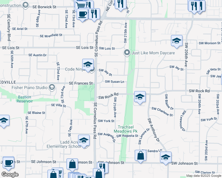 map of restaurants, bars, coffee shops, grocery stores, and more near 21642 Southwest Parkin Lane in Beaverton