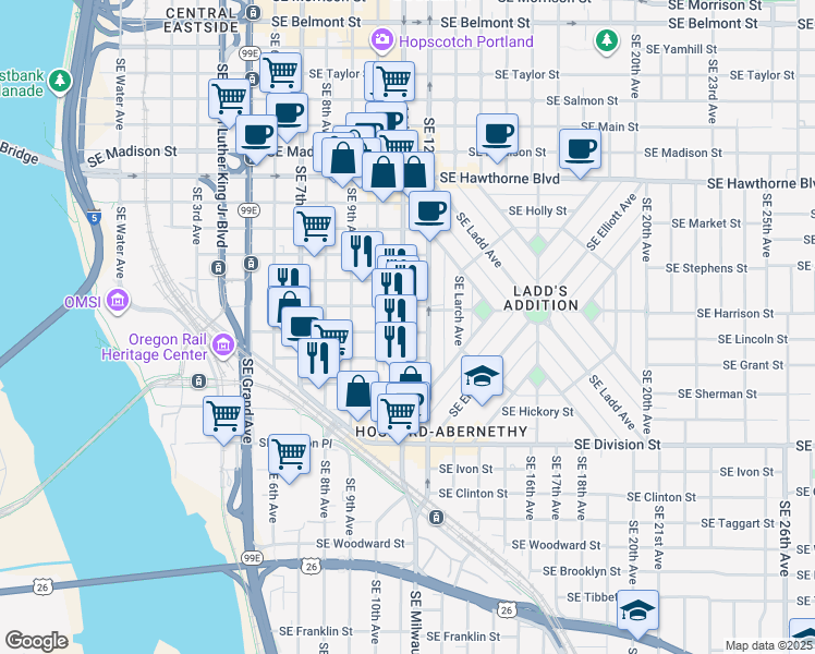 map of restaurants, bars, coffee shops, grocery stores, and more near 2032 Southeast 11th Avenue in Portland