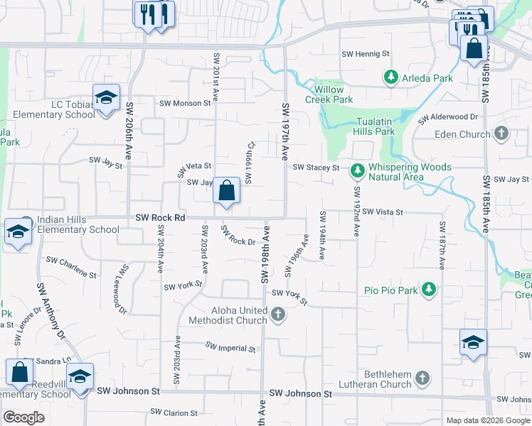 map of restaurants, bars, coffee shops, grocery stores, and more near 19805 Southwest Rock Road in Beaverton