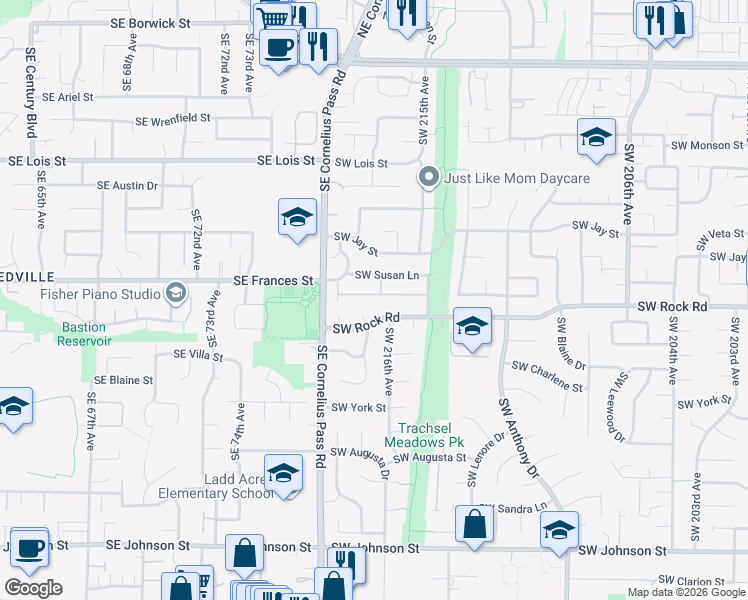 map of restaurants, bars, coffee shops, grocery stores, and more near 21642 Southwest Parkin Lane in Beaverton