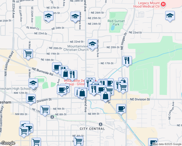map of restaurants, bars, coffee shops, grocery stores, and more near 1244 Northeast 16th Street in Gresham