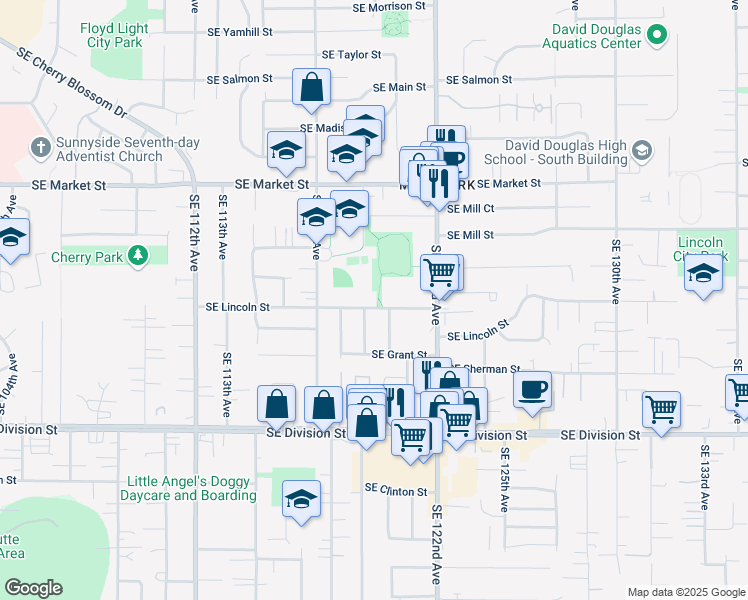 map of restaurants, bars, coffee shops, grocery stores, and more near 11835 Southeast Lincoln Street in Portland