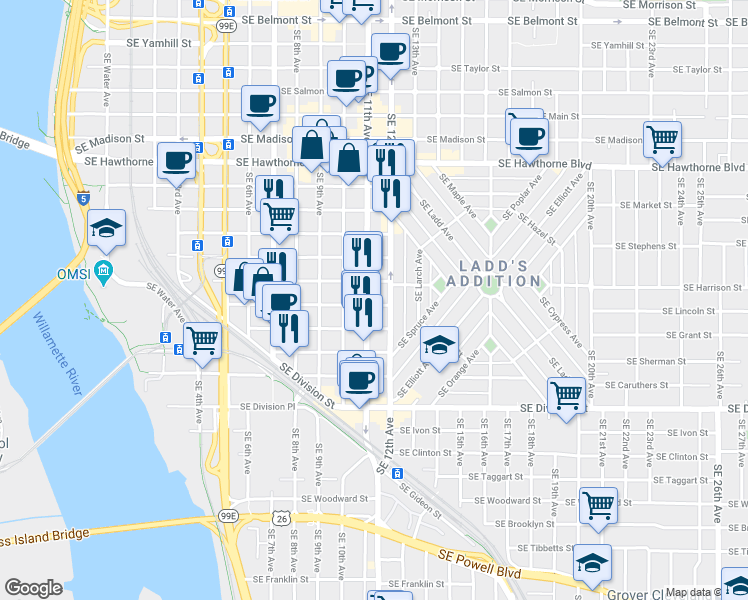 map of restaurants, bars, coffee shops, grocery stores, and more near 1026 Southeast Harrison Street in Portland
