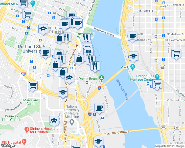 map of restaurants, bars, coffee shops, grocery stores, and more near 1816 South River Drive in Portland