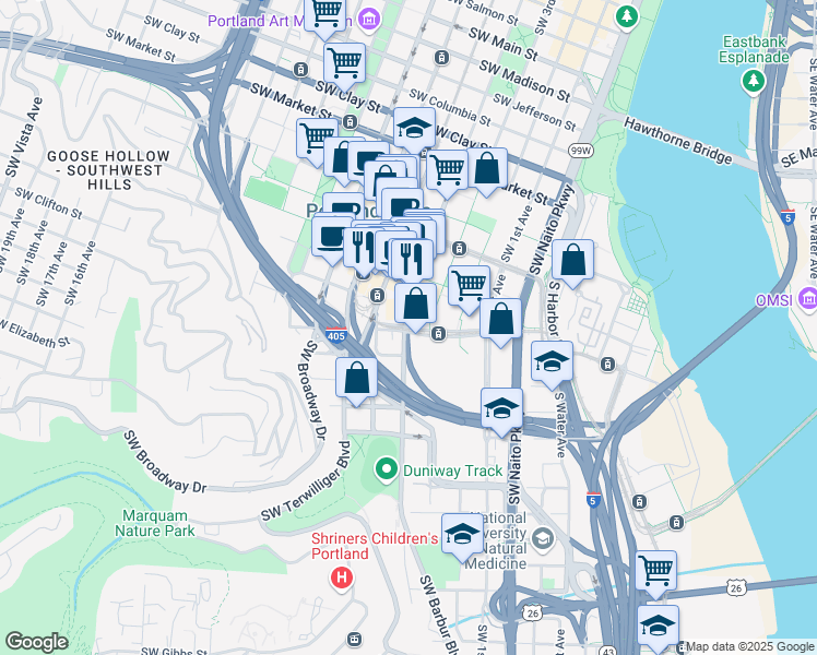 map of restaurants, bars, coffee shops, grocery stores, and more near 317 Southwest Lincoln Street in Portland
