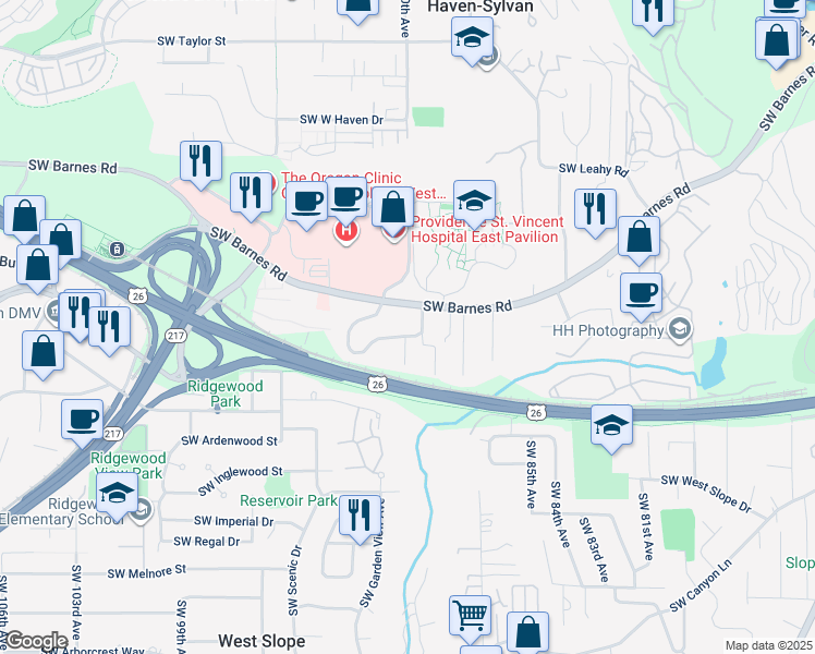 map of restaurants, bars, coffee shops, grocery stores, and more near 8920 Southwest Barnes Road in Portland