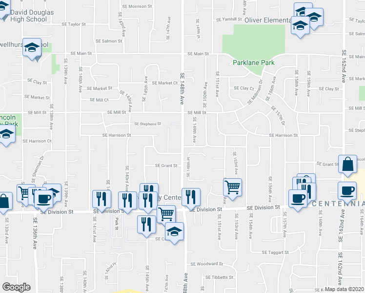 map of restaurants, bars, coffee shops, grocery stores, and more near SE Lincoln St & SE 148th Ave in Portland