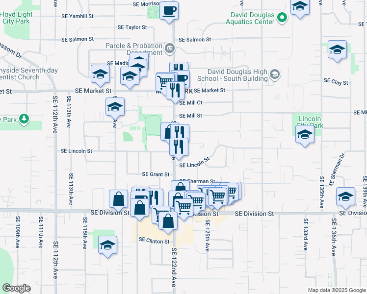 map of restaurants, bars, coffee shops, grocery stores, and more near 2016 Southeast 122nd Avenue in Portland