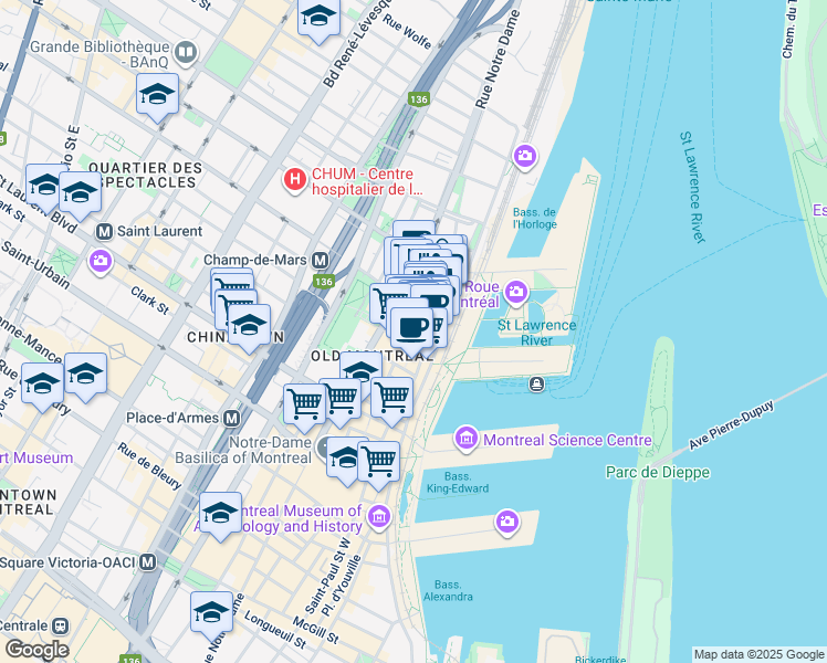 map of restaurants, bars, coffee shops, grocery stores, and more near 285 Rue Saint-Paul East in Montréal