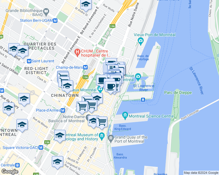 map of restaurants, bars, coffee shops, grocery stores, and more near 285 Rue Saint-Paul East in Montréal