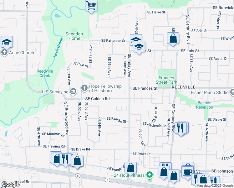 map of restaurants, bars, coffee shops, grocery stores, and more near Southeast Lexington Drive in Hillsboro
