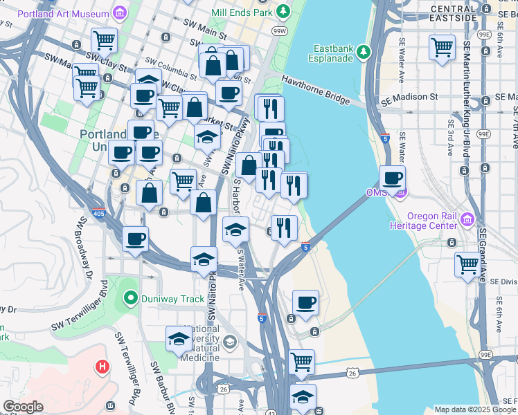 map of restaurants, bars, coffee shops, grocery stores, and more near 1811 South River Drive in Portland