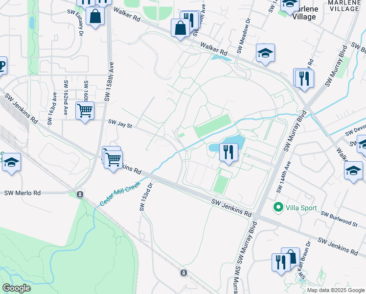 map of restaurants, bars, coffee shops, grocery stores, and more near Nike Jogging Trail in Beaverton