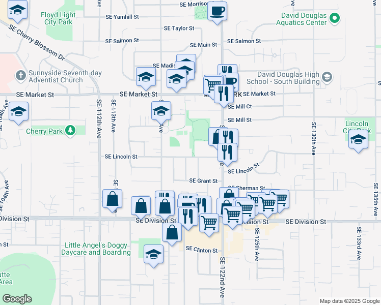map of restaurants, bars, coffee shops, grocery stores, and more near 11835 Southeast Lincoln Street in Portland