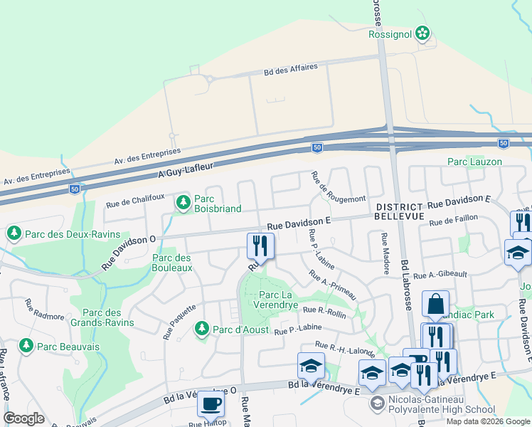 map of restaurants, bars, coffee shops, grocery stores, and more near 84 Rue de Langelier in Gatineau