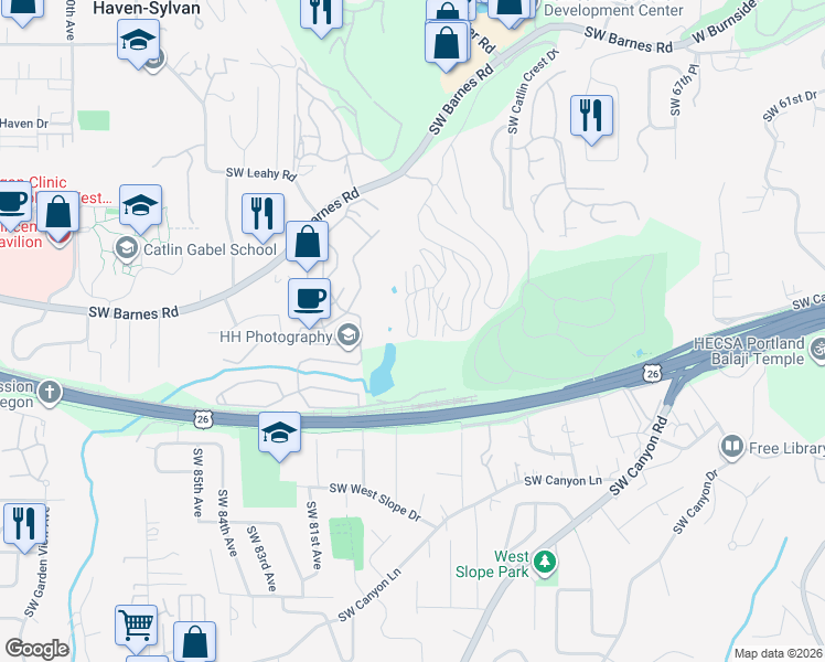 map of restaurants, bars, coffee shops, grocery stores, and more near 7712 Southwest Barnes Road in Portland