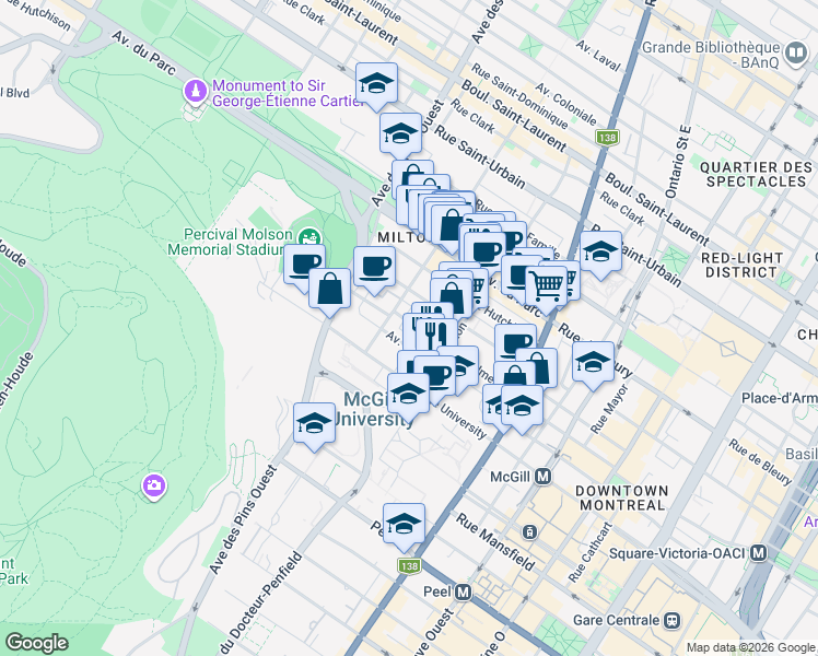 map of restaurants, bars, coffee shops, grocery stores, and more near 3568 Rue Aylmer in Montréal