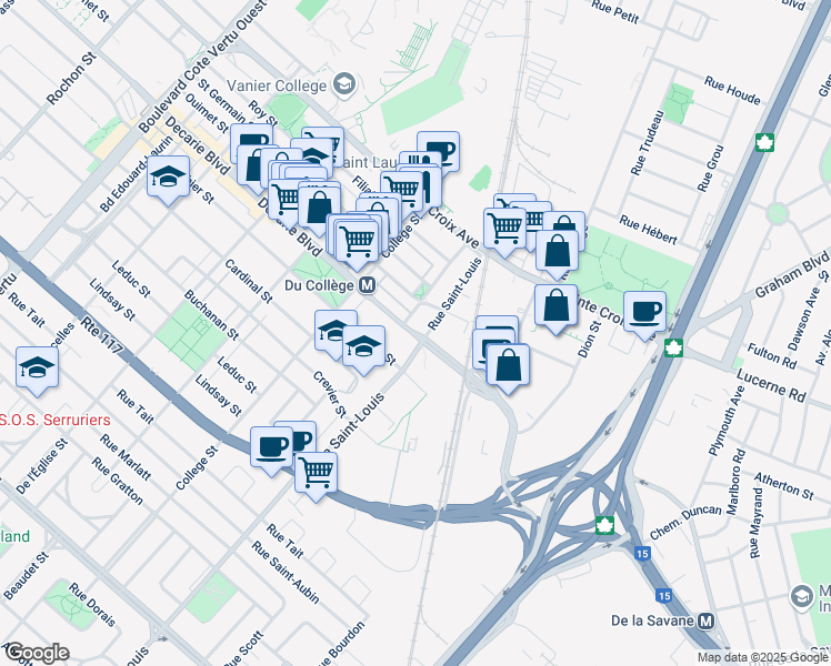 map of restaurants, bars, coffee shops, grocery stores, and more near 375 Decarie Boulevard in Montreal