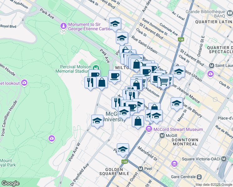 map of restaurants, bars, coffee shops, grocery stores, and more near 539 Prince Arthur Street West in Montreal
