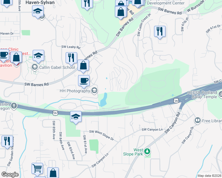 map of restaurants, bars, coffee shops, grocery stores, and more near 7712 Southwest Barnes Road in Portland