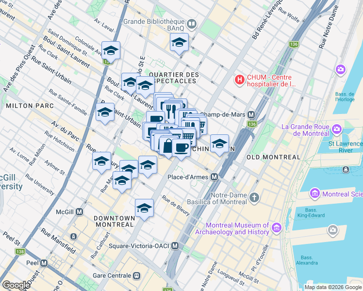 map of restaurants, bars, coffee shops, grocery stores, and more near 75 Boulevard René-Lévesque Ouest in Montréal