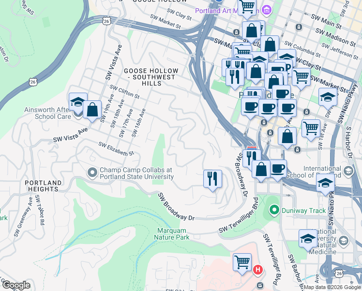 map of restaurants, bars, coffee shops, grocery stores, and more near 1049 Southwest Rivington Drive in Portland