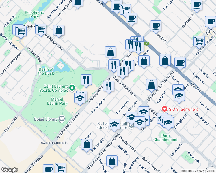 map of restaurants, bars, coffee shops, grocery stores, and more near 2240 Boulevard Thimens in Montreal