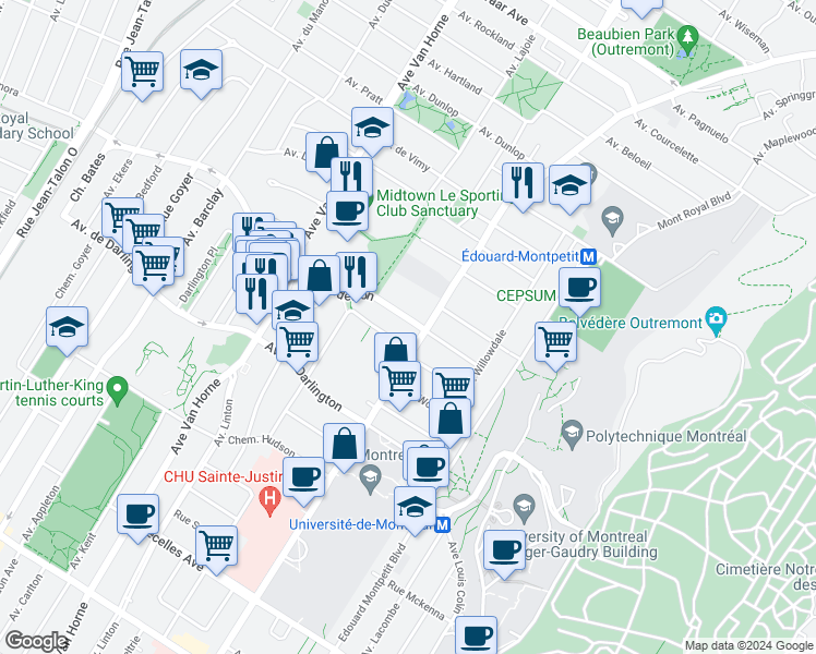 map of restaurants, bars, coffee shops, grocery stores, and more near 5710 Avenue Wilderton in Montréal