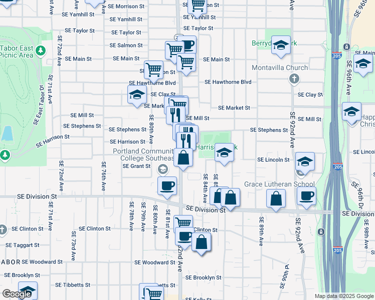 map of restaurants, bars, coffee shops, grocery stores, and more near 1950 Southeast 82nd Avenue in Portland