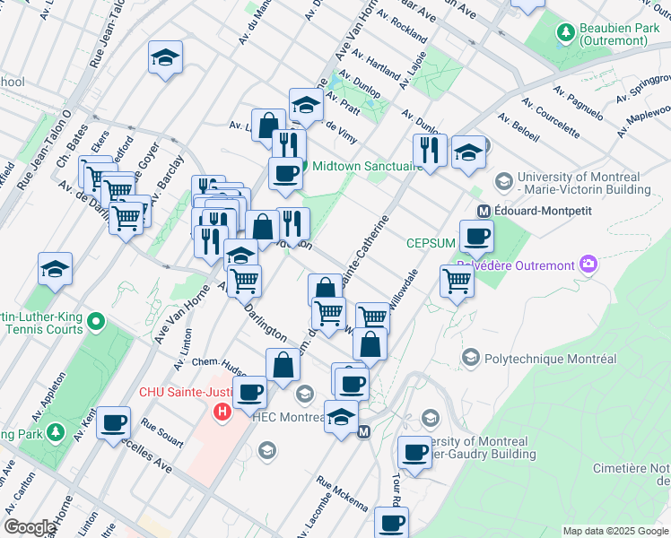 map of restaurants, bars, coffee shops, grocery stores, and more near 5710 Avenue Wilderton in Montréal