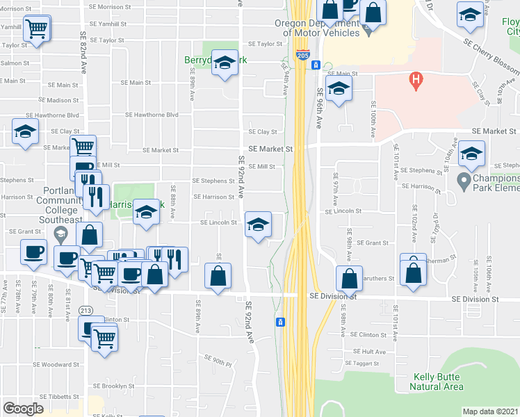 map of restaurants, bars, coffee shops, grocery stores, and more near 9259 Southeast Lincoln Street in Portland