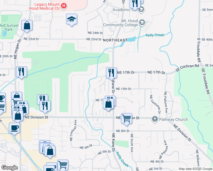 map of restaurants, bars, coffee shops, grocery stores, and more near 1553 Northeast Hale Place in Gresham
