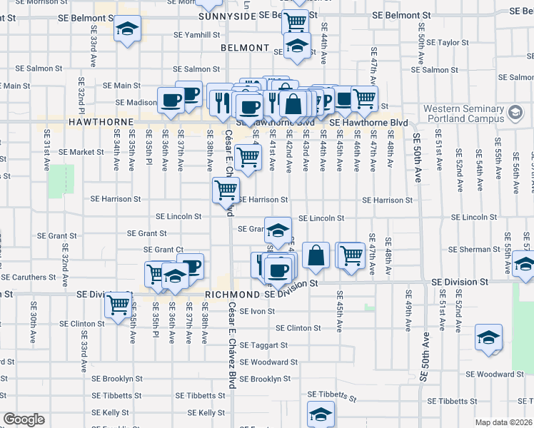map of restaurants, bars, coffee shops, grocery stores, and more near 2015 Southeast 41st Avenue in Portland