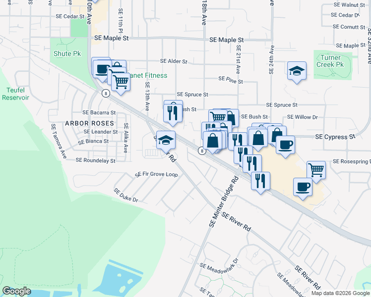 map of restaurants, bars, coffee shops, grocery stores, and more near 1528-1720 Southeast Tualatin Valley Highway in Hillsboro