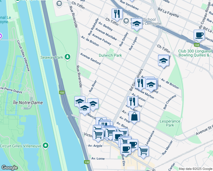 map of restaurants, bars, coffee shops, grocery stores, and more near 265 Avenue Curzon in Saint-Lambert
