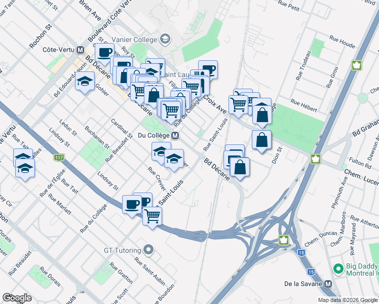 map of restaurants, bars, coffee shops, grocery stores, and more near 462 Boulevard Décarie in Montréal