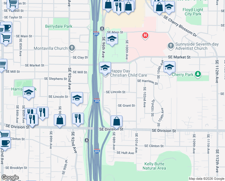map of restaurants, bars, coffee shops, grocery stores, and more near 2021 Southeast 97th Avenue in Portland