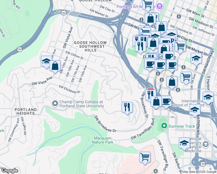 map of restaurants, bars, coffee shops, grocery stores, and more near 1049 Southwest Rivington Drive in Portland
