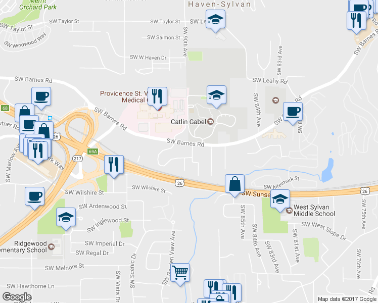 map of restaurants, bars, coffee shops, grocery stores, and more near 8920 Southwest Barnes Road in Portland