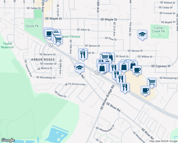 map of restaurants, bars, coffee shops, grocery stores, and more near 1528-1720 Southeast Tualatin Valley Highway in Hillsboro