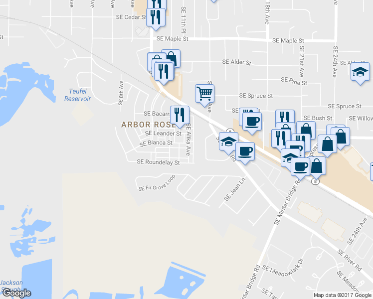 map of restaurants, bars, coffee shops, grocery stores, and more near 1266 Southeast Bianca Street in Hillsboro