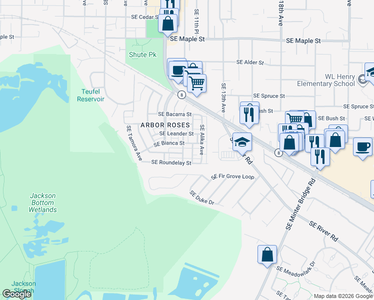 map of restaurants, bars, coffee shops, grocery stores, and more near 1266 Southeast Bianca Street in Hillsboro