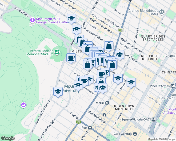 map of restaurants, bars, coffee shops, grocery stores, and more near 3506 Rue Durocher in Montréal