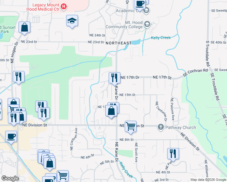 map of restaurants, bars, coffee shops, grocery stores, and more near 1555 Northeast Kane Drive in Gresham