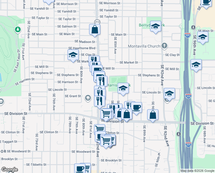 map of restaurants, bars, coffee shops, grocery stores, and more near 8320 Southeast Harrison Street in Portland