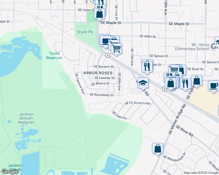 map of restaurants, bars, coffee shops, grocery stores, and more near 1166 Southeast Bianca Street in Hillsboro